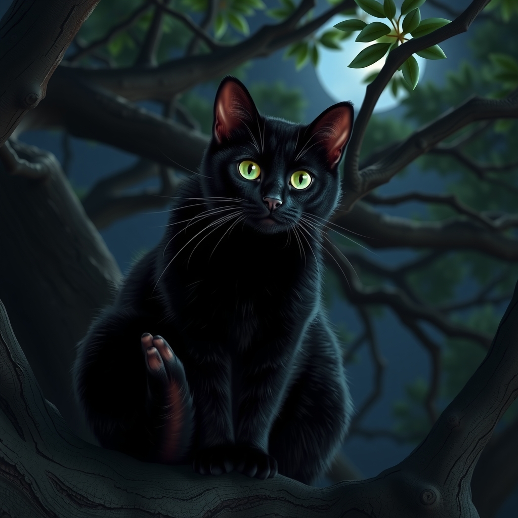 a black cat with green eyes sitting on a big tree at night by मुफ्त एआई छवि जनरेटर - बिना लॉगिन के✨ | AIGAZOU