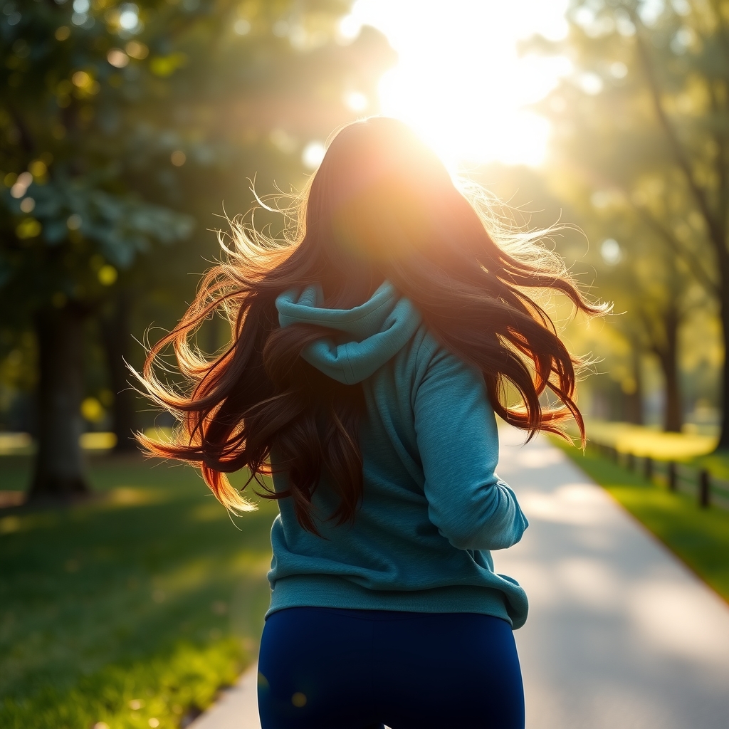 hyperrealistic curvy athletic dark haired woman jogging happy through park sun shining navy leggings teal hoodie by मुफ्त एआई छवि जनरेटर - बिना लॉगिन के✨ | AIGAZOU