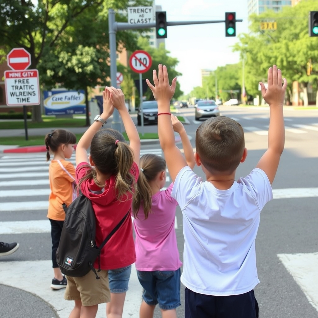 children raising hands at crosswalks by मुफ्त एआई छवि जनरेटर - बिना लॉगिन के✨ | AIGAZOU