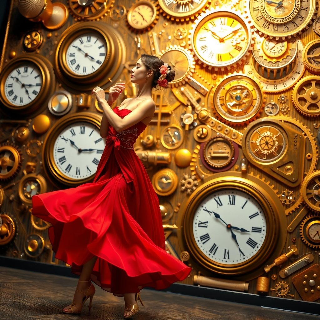 a gold silver steampunk background with clocks and a graceful dancer in a red dress by मुफ्त एआई छवि जनरेटर - बिना लॉगिन के✨ | AIGAZOU