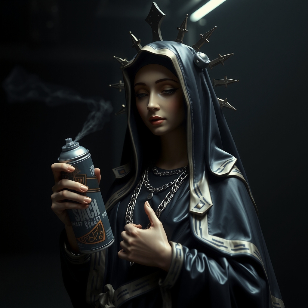 black madonna latex spray can dark background by मुफ्त एआई छवि जनरेटर - बिना लॉगिन के✨ | AIGAZOU