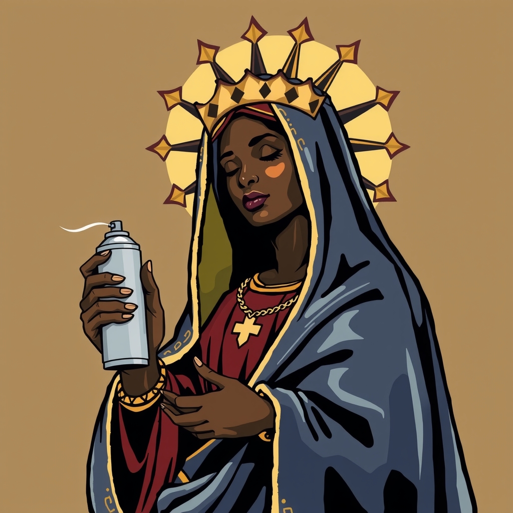 black madonna with spray can sacred memphis design illustration by मुफ्त एआई छवि जनरेटर - बिना लॉगिन के✨ | AIGAZOU