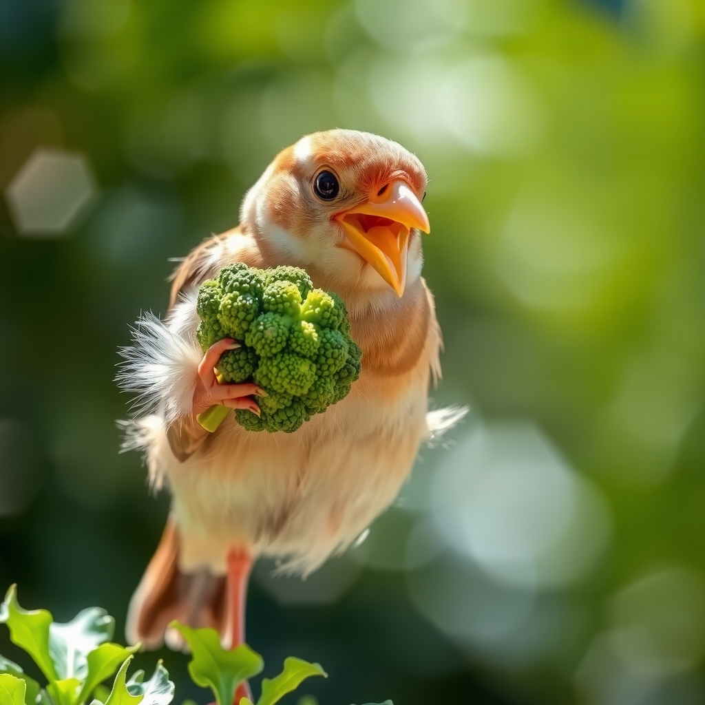 a normal cute bird eating broccoli in sunlight by मुफ्त एआई छवि जनरेटर - बिना लॉगिन के✨ | AIGAZOU