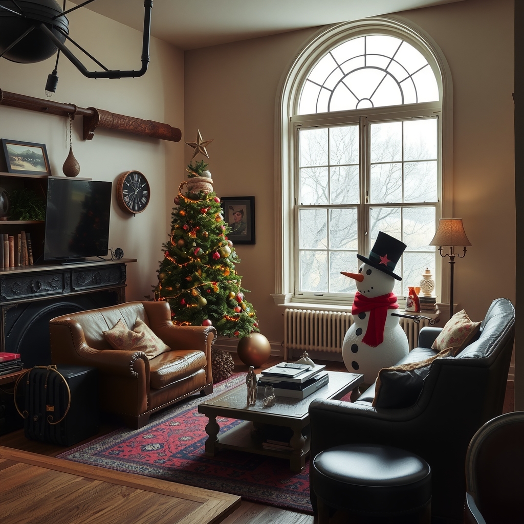 a sparsely furnished steampunk living room with a christmas tree by मुफ्त एआई छवि जनरेटर - बिना लॉगिन के✨ | AIGAZOU