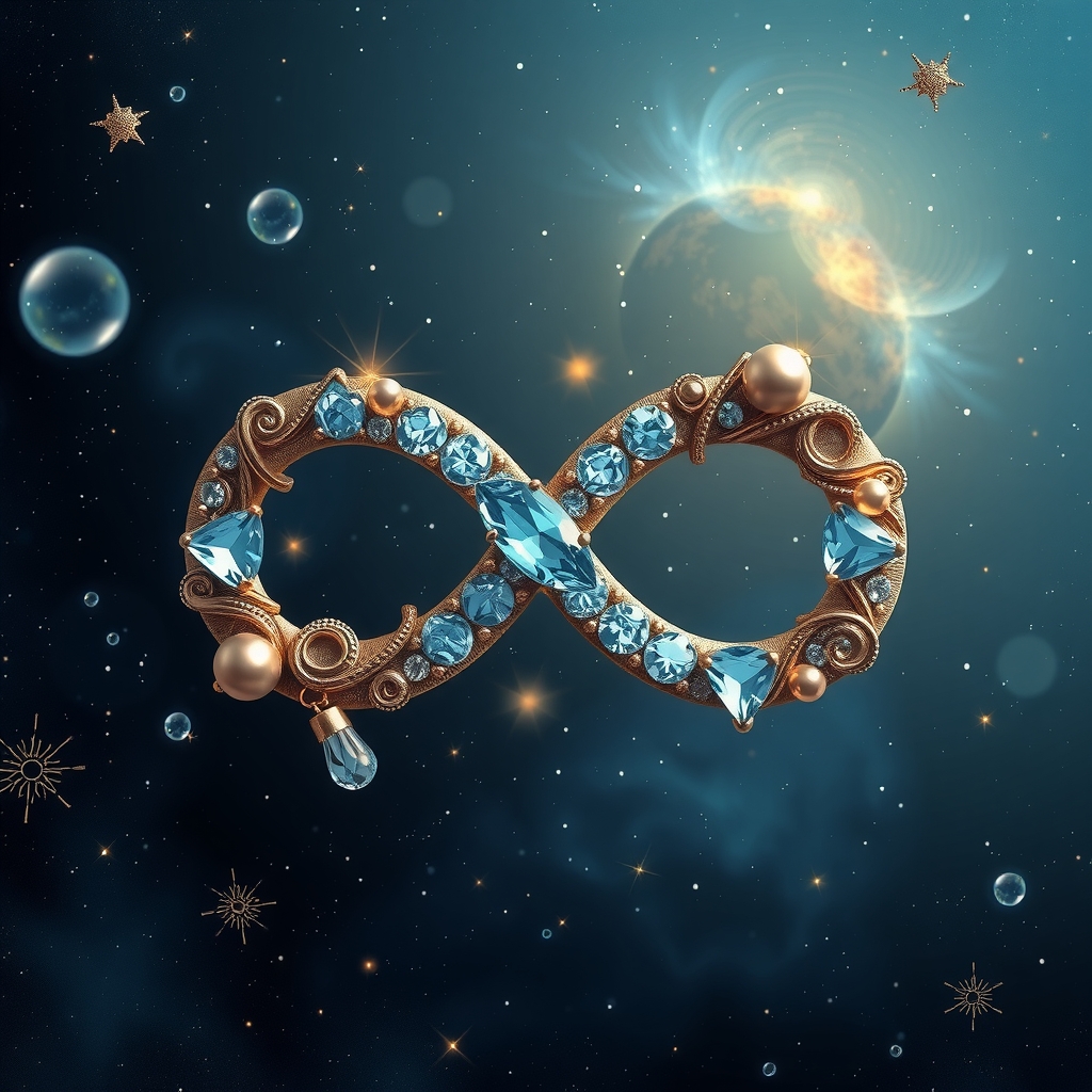 an aquamarine infinity symbol with ornaments and gemstones decorated in the cosmos by Générateur d'images par IA gratuit - Aucune connexion nécessaire✨ | AIGAZOU