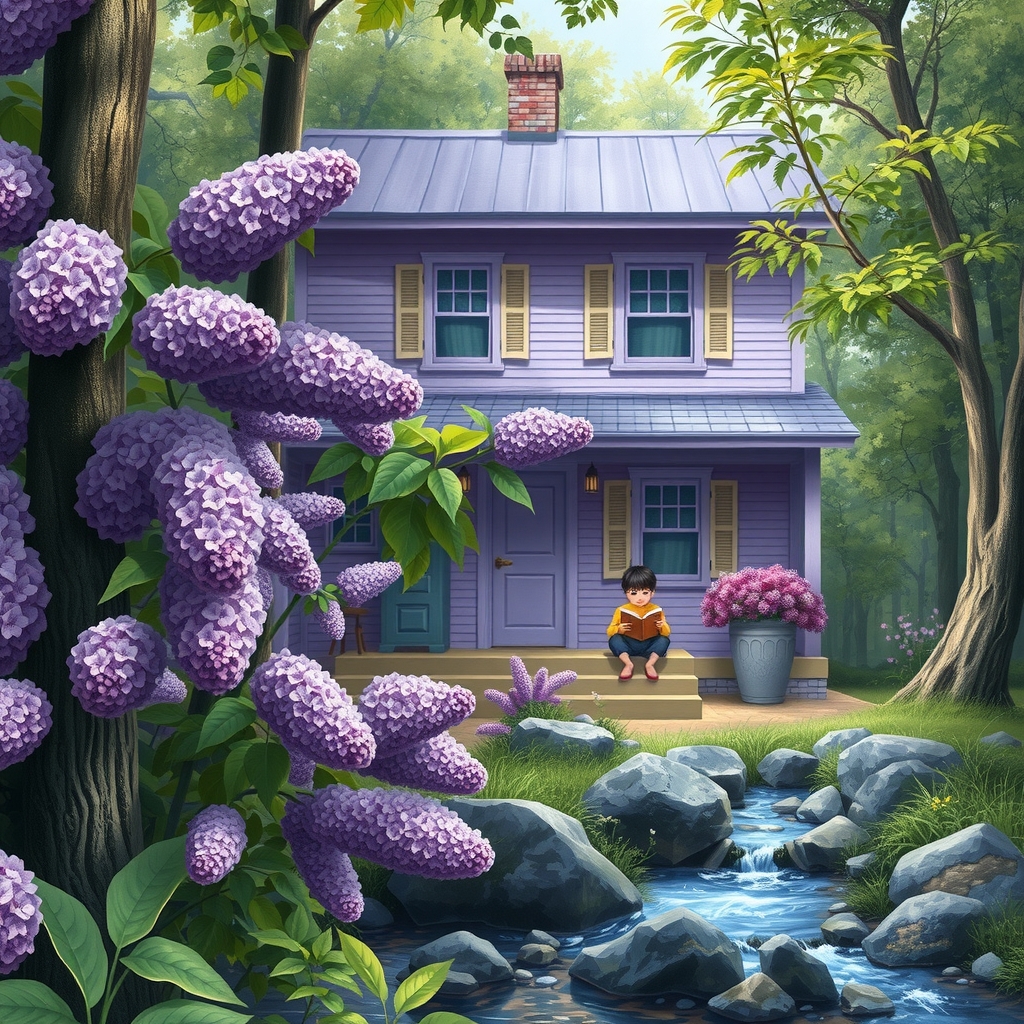 a purple house in the forest with a boy reading by मुफ्त एआई छवि जनरेटर - बिना लॉगिन के✨ | AIGAZOU