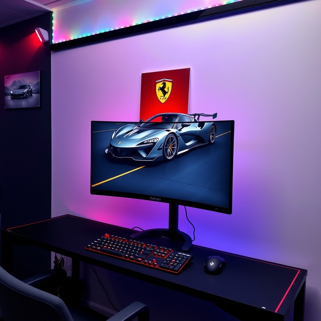 curved screen gaming keyboard and mouse on a gaming desk near a dark white wall with multicolored leds on top by मुफ्त एआई छवि जनरेटर - बिना लॉगिन के✨ | AIGAZOU