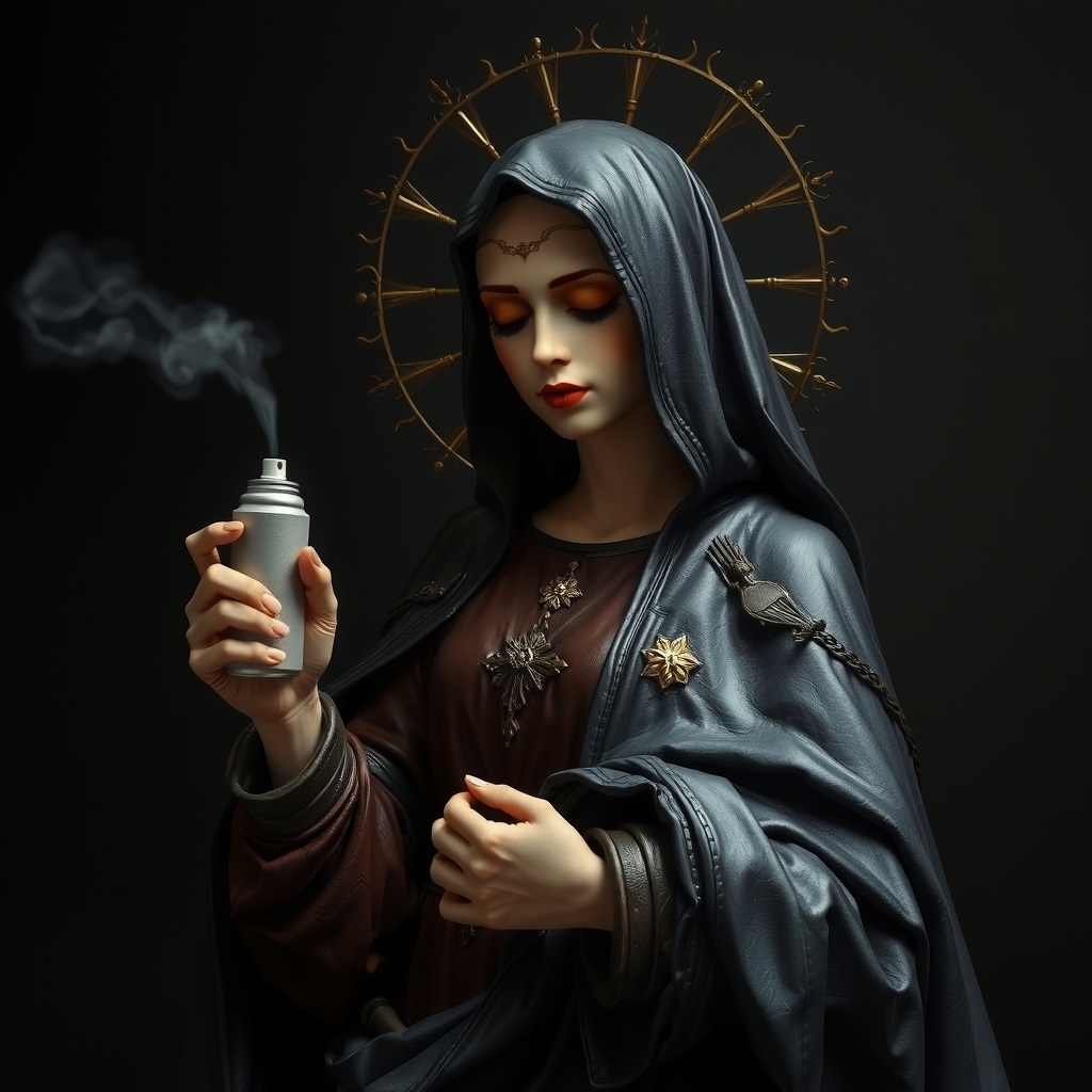 black madonna leather spray can dark background holy by मुफ्त एआई छवि जनरेटर - बिना लॉगिन के✨ | AIGAZOU