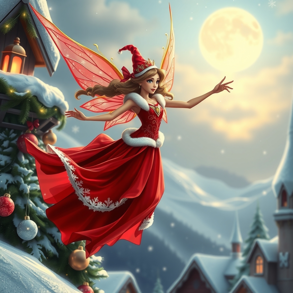 a red christmas fairy princess flies over santa village by मुफ्त एआई छवि जनरेटर - बिना लॉगिन के✨ | AIGAZOU