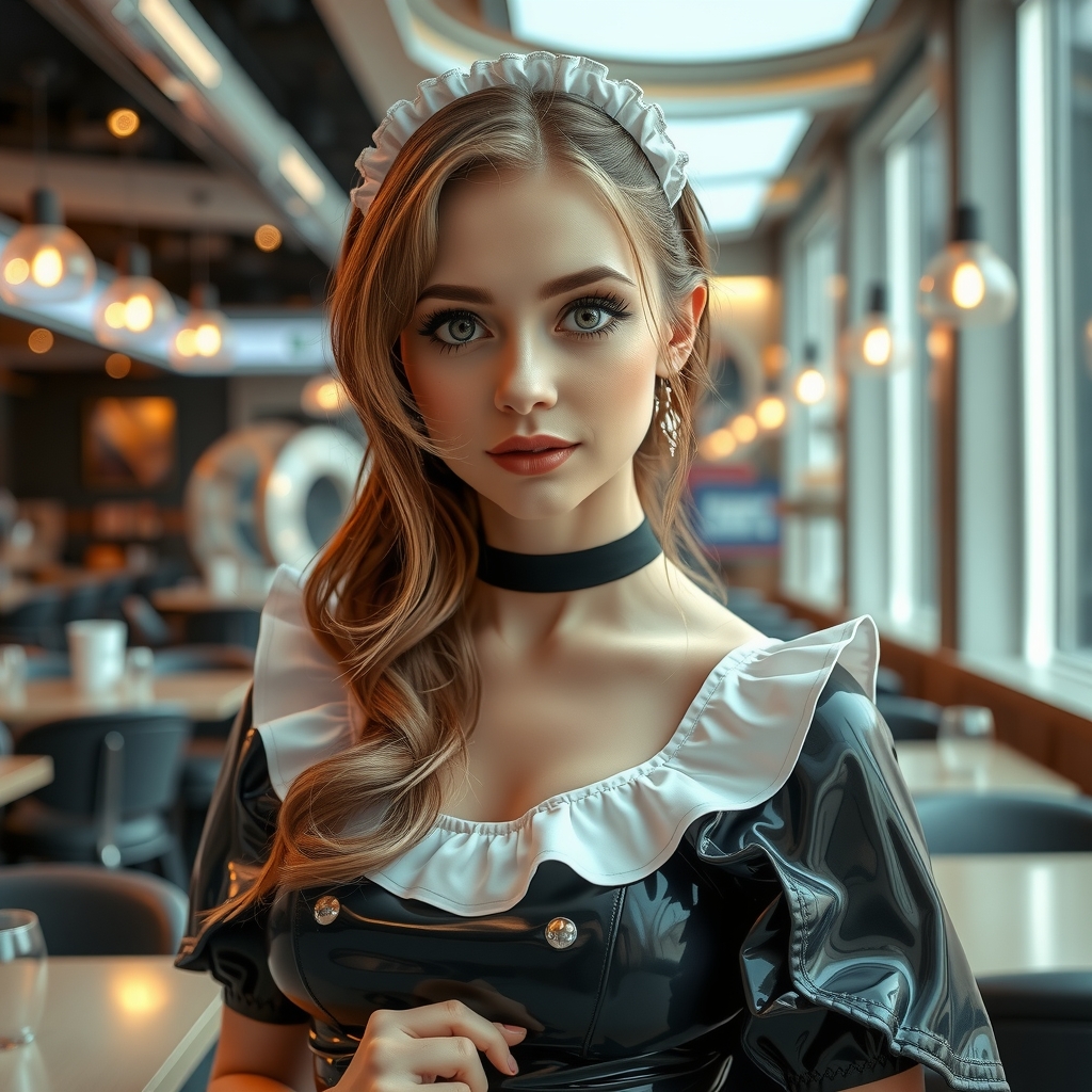 woman cute latex french maid dress futuristic restaurant by मुफ्त एआई छवि जनरेटर - बिना लॉगिन के✨ | AIGAZOU