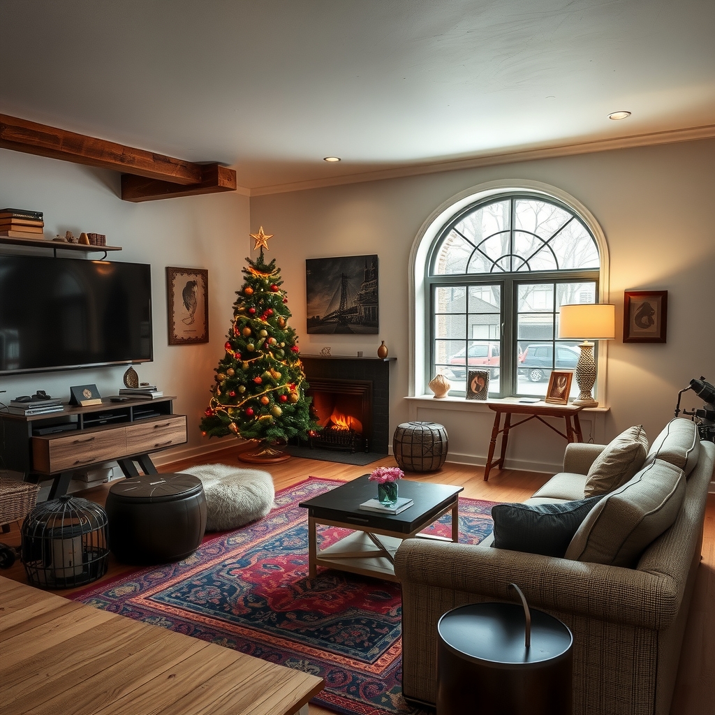 a sparsely furnished steampunk style living room with a christmas tree by 免费AI图像生成工具 | AIGAZOU