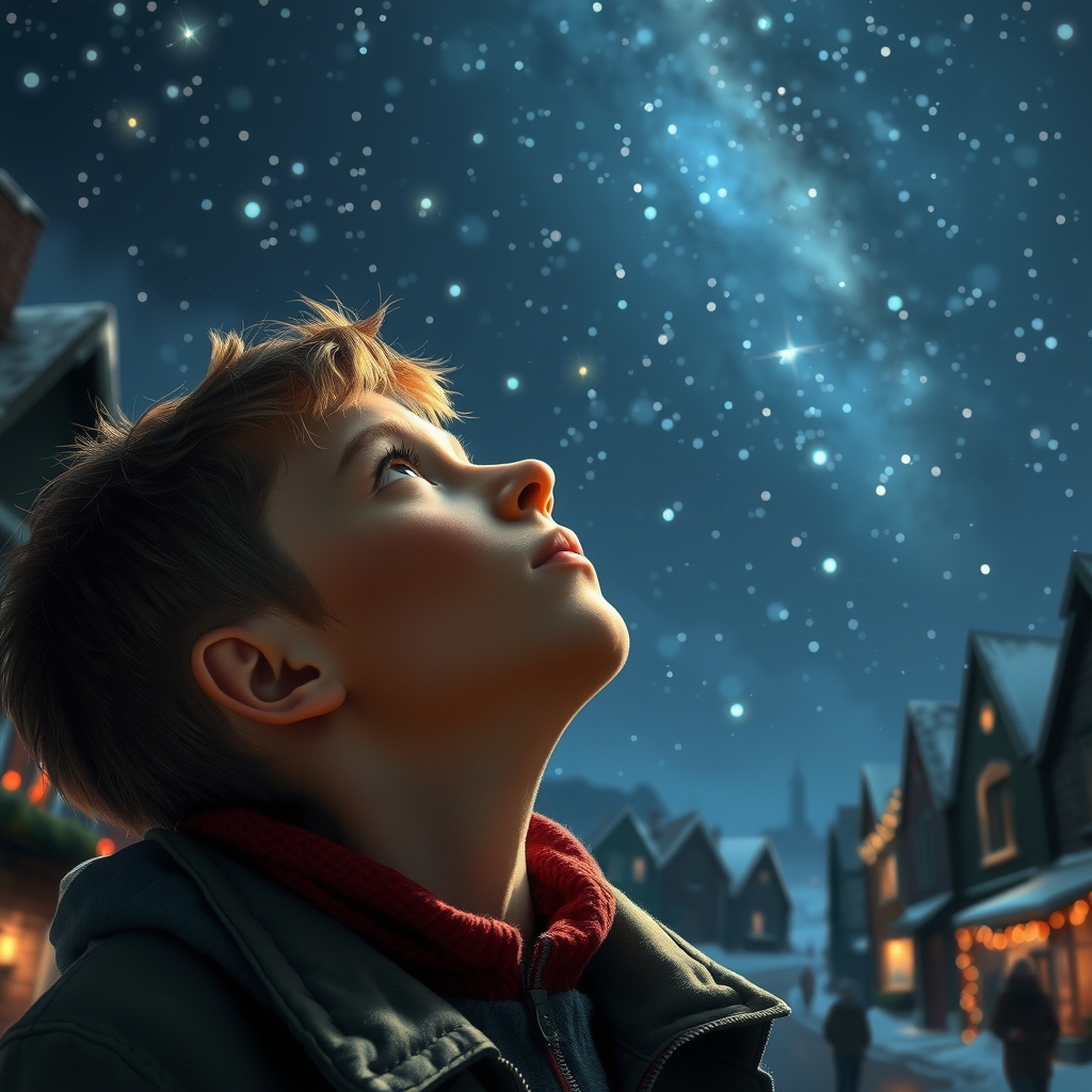 young man looking up at night sky in christmas town by मुफ्त एआई छवि जनरेटर - बिना लॉगिन के✨ | AIGAZOU