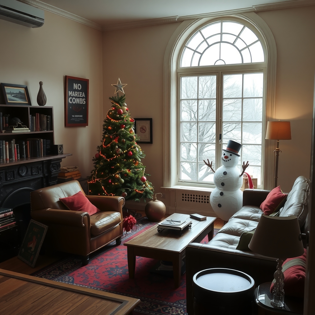 a sparsely furnished steampunk living room with a christmas tree and a snowman outside the window by मुफ्त एआई छवि जनरेटर - बिना लॉगिन के✨ | AIGAZOU