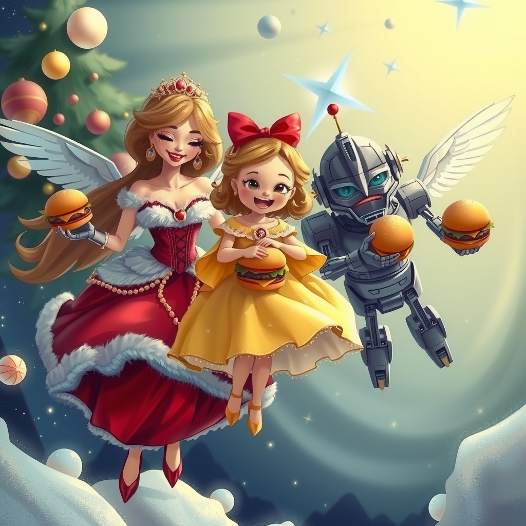 a dazzling christmas princess and her daughter in yellow wedding dress with cute robot prince flying while eating hamburgers by मुफ्त एआई छवि जनरेटर - बिना लॉगिन के✨ | AIGAZOU