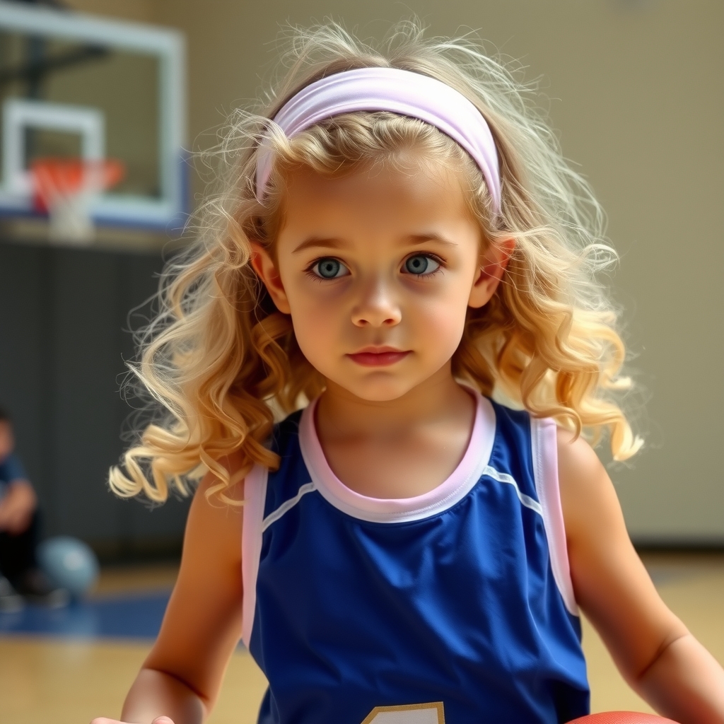 petite fille metisse au yeux bleu blonde au cheveux long boucles basket avec habit de basket sur le terrain de by मुफ्त एआई छवि जनरेटर - बिना लॉगिन के✨ | AIGAZOU