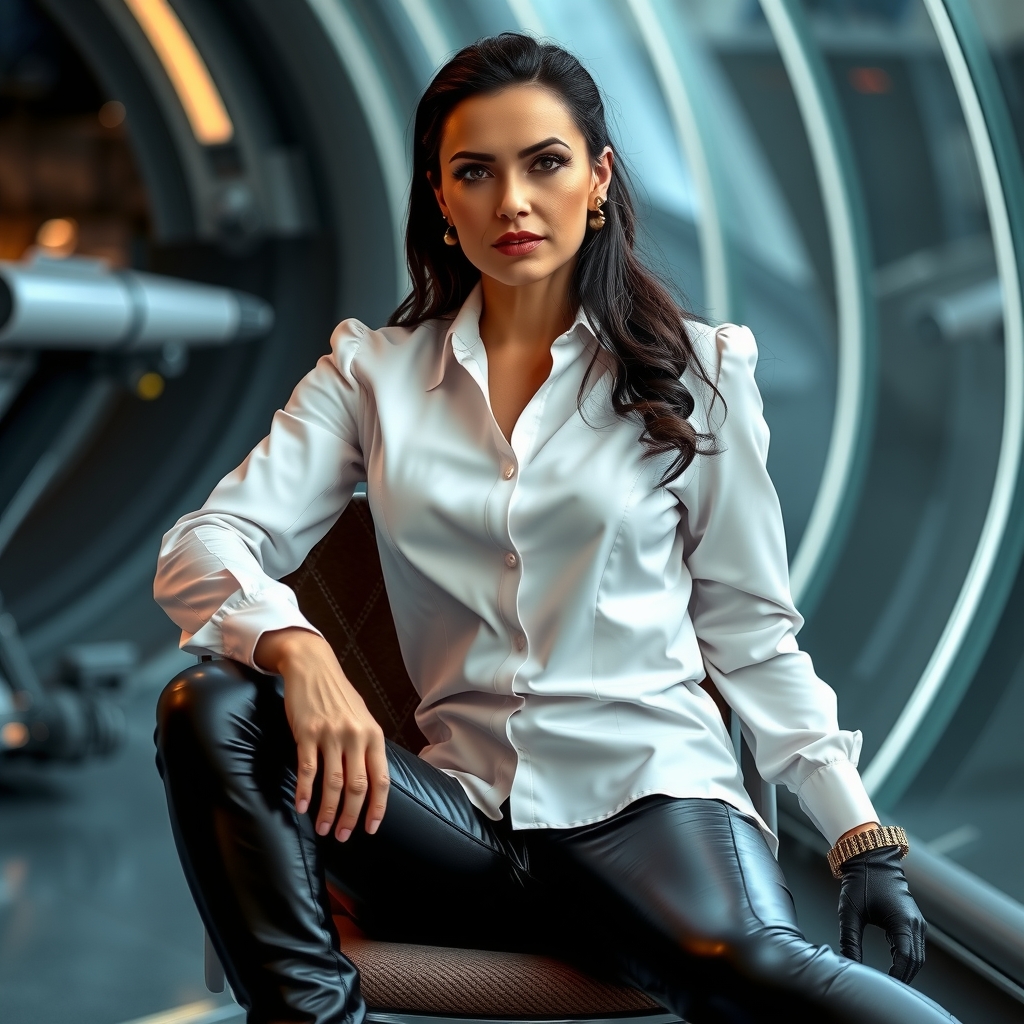 a confident mature woman in white latex shirt black latex pants and boots sitting on a chair with a futuristic by मुफ्त एआई छवि जनरेटर - बिना लॉगिन के✨ | AIGAZOU