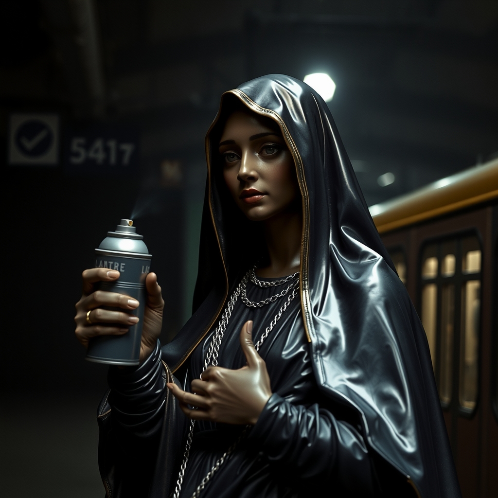 black madonna latex spray can dark background by मुफ्त एआई छवि जनरेटर - बिना लॉगिन के✨ | AIGAZOU