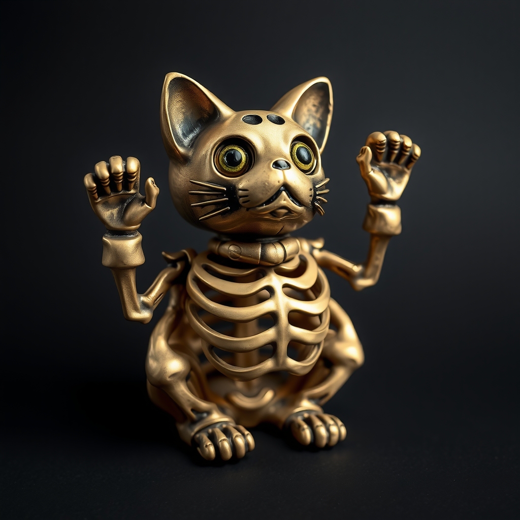 winking cat from bone skeleton diagonal maneki neko bronze layered dark background by मुफ्त एआई छवि जनरेटर - बिना लॉगिन के✨ | AIGAZOU