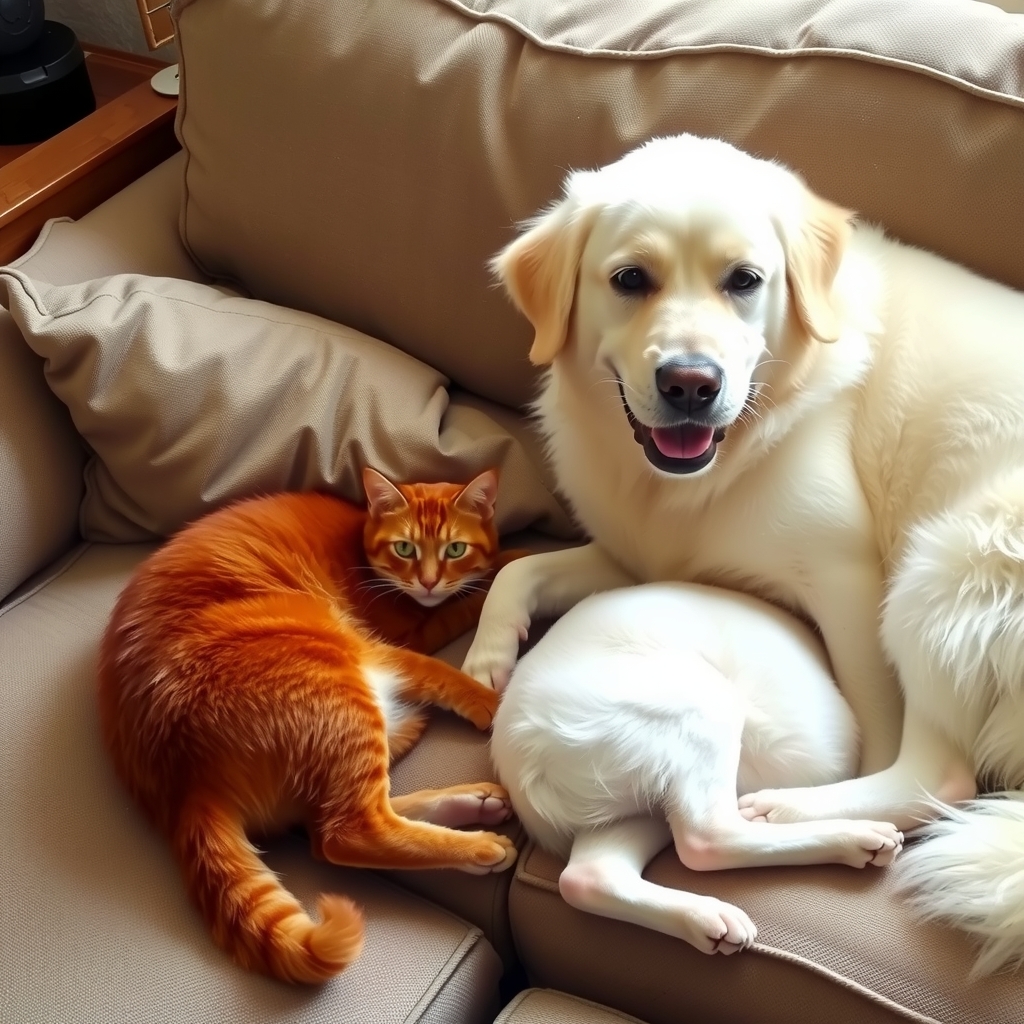 white dog on sofa red and white cats beside by मुफ्त एआई छवि जनरेटर - बिना लॉगिन के✨ | AIGAZOU