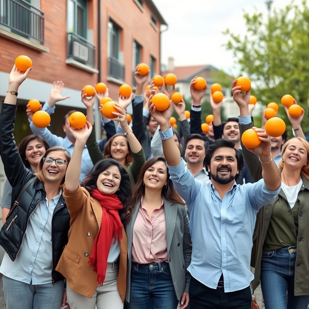 happy employees holding oranges in air by मुफ्त एआई छवि जनरेटर - बिना लॉगिन के✨ | AIGAZOU