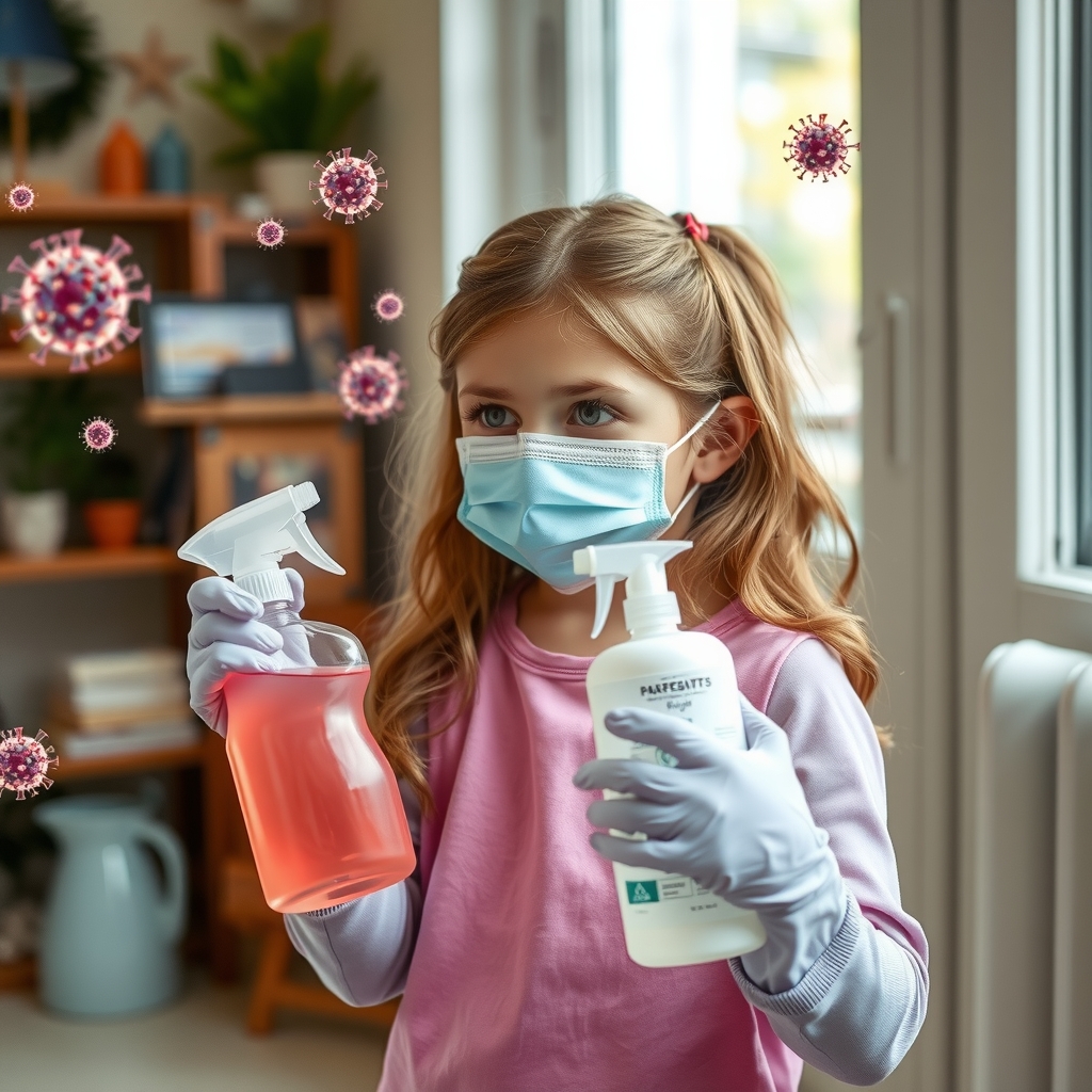 a girl holding disinfectant spraying indoors by मुफ्त एआई छवि जनरेटर - बिना लॉगिन के✨ | AIGAZOU