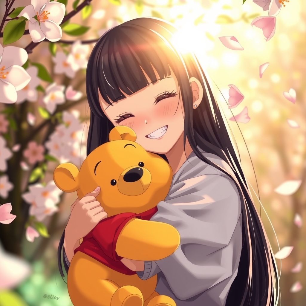 a girl with long black hair and a cute plushie by मुफ्त एआई छवि जनरेटर - बिना लॉगिन के✨ | AIGAZOU