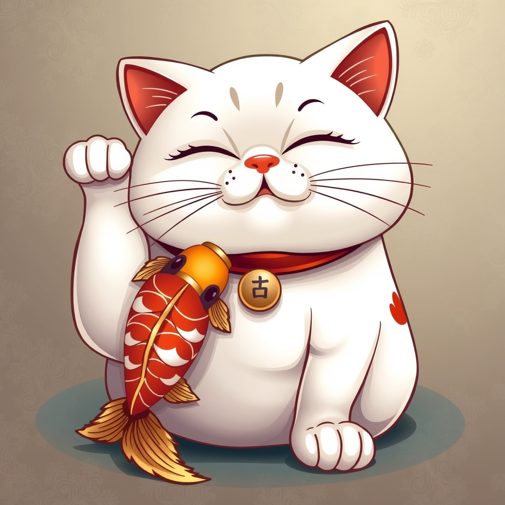 winking white maneki cat with koi bronze vector art by मुफ्त एआई छवि जनरेटर - बिना लॉगिन के✨ | AIGAZOU