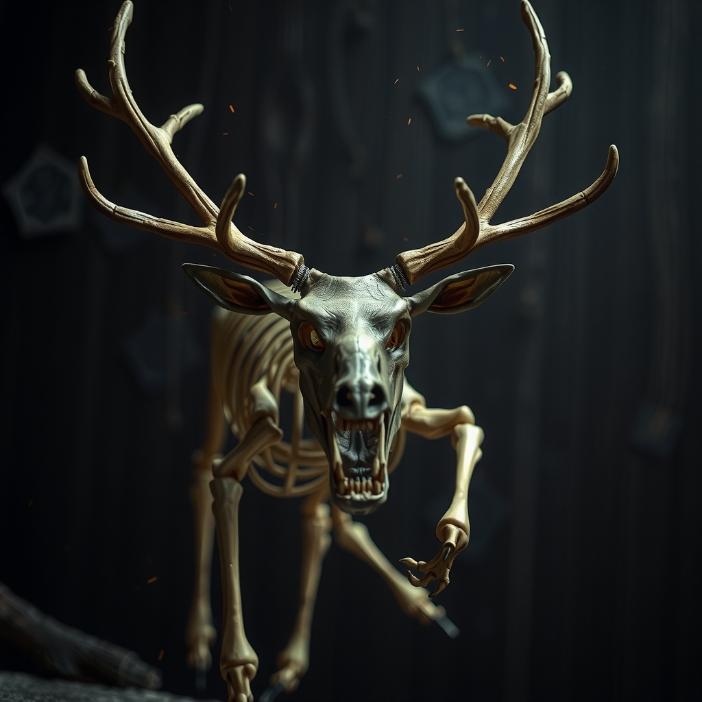 reindeer skeleton angry jump closeup night by मुफ्त एआई छवि जनरेटर - बिना लॉगिन के✨ | AIGAZOU