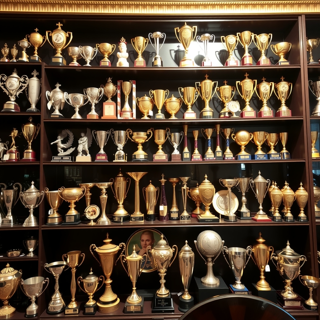 various trophies arranged on a luxurious shelf by मुफ्त एआई छवि जनरेटर - बिना लॉगिन के✨ | AIGAZOU