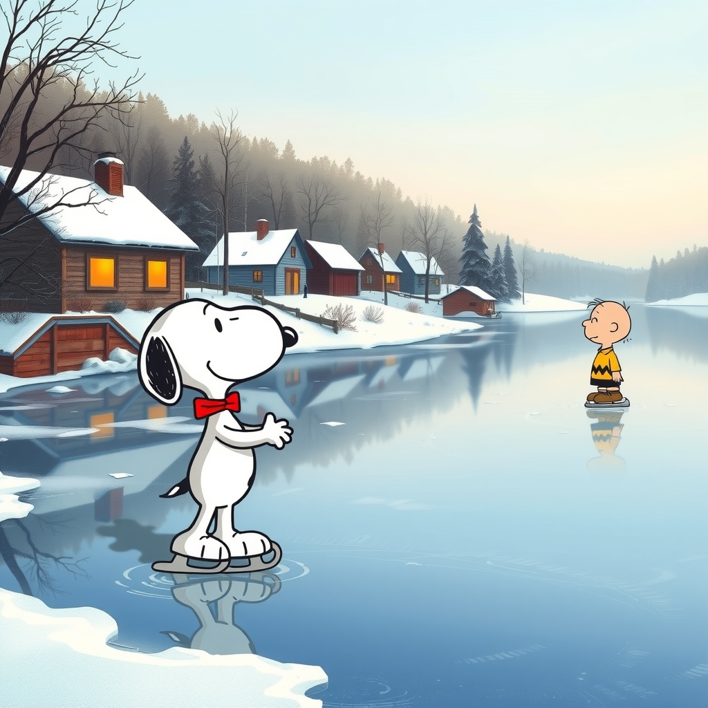 snoopy ice skating on a small frozen lake by मुफ्त एआई छवि जनरेटर - बिना लॉगिन के✨ | AIGAZOU