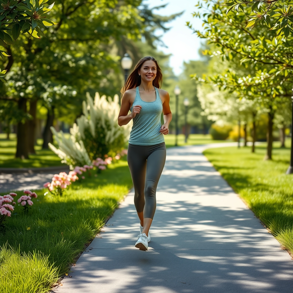 woman walking in sunlit park path by मुफ्त एआई छवि जनरेटर - बिना लॉगिन के✨ | AIGAZOU