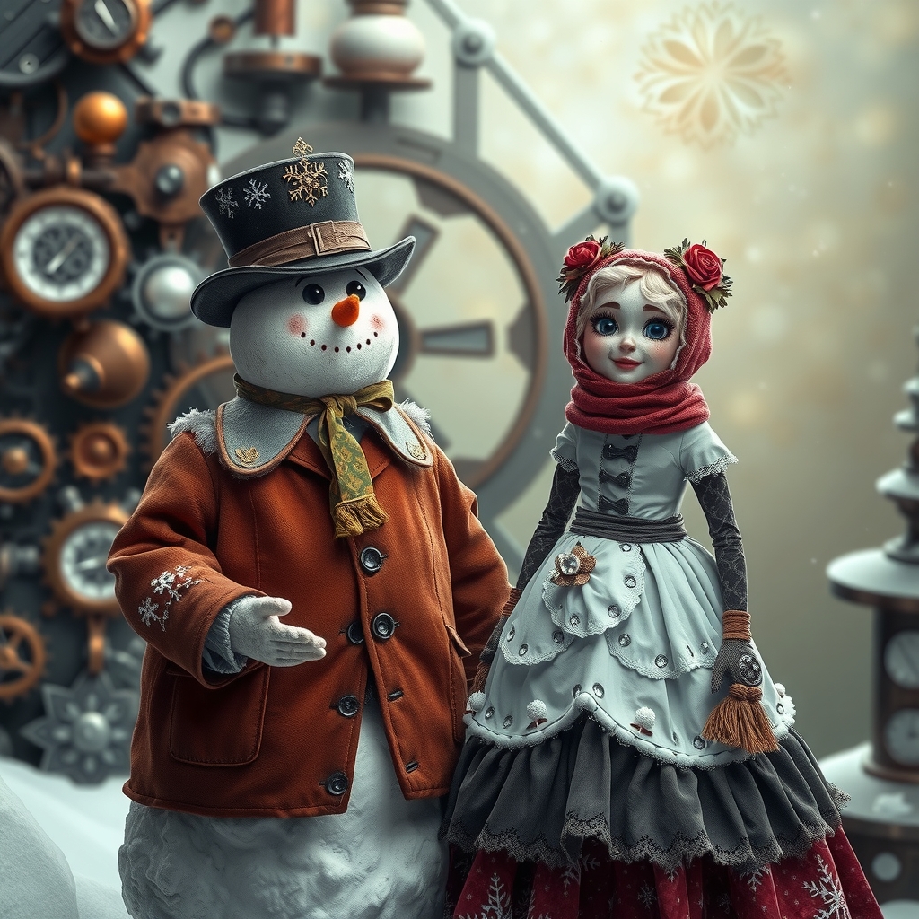 steampunk snowman and snowwoman in steampunk outfits by Générateur d'images par IA gratuit - Aucune connexion nécessaire✨ | AIGAZOU