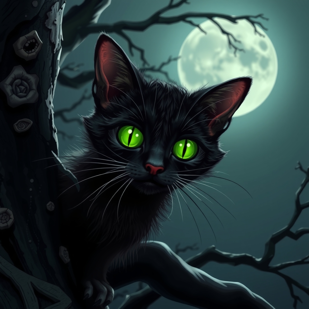 a spooky black cat with green eyes on a creepy tree at night by मुफ्त एआई छवि जनरेटर - बिना लॉगिन के✨ | AIGAZOU