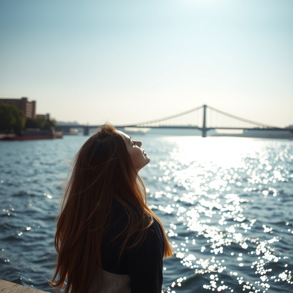 sparkling river surface bridge across dawn gradually whitening limitlessly transparent blue sky long haired woman looking up by मुफ्त एआई छवि जनरेटर - बिना लॉगिन के✨ | AIGAZOU