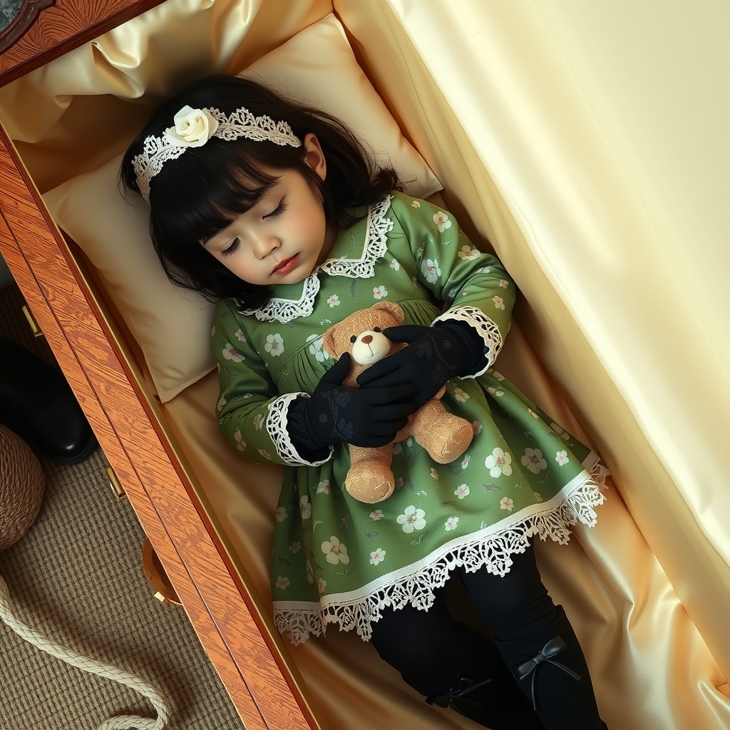 a 7 year old girl named nini lying in a coffin by मुफ्त एआई छवि जनरेटर - बिना लॉगिन के✨ | AIGAZOU