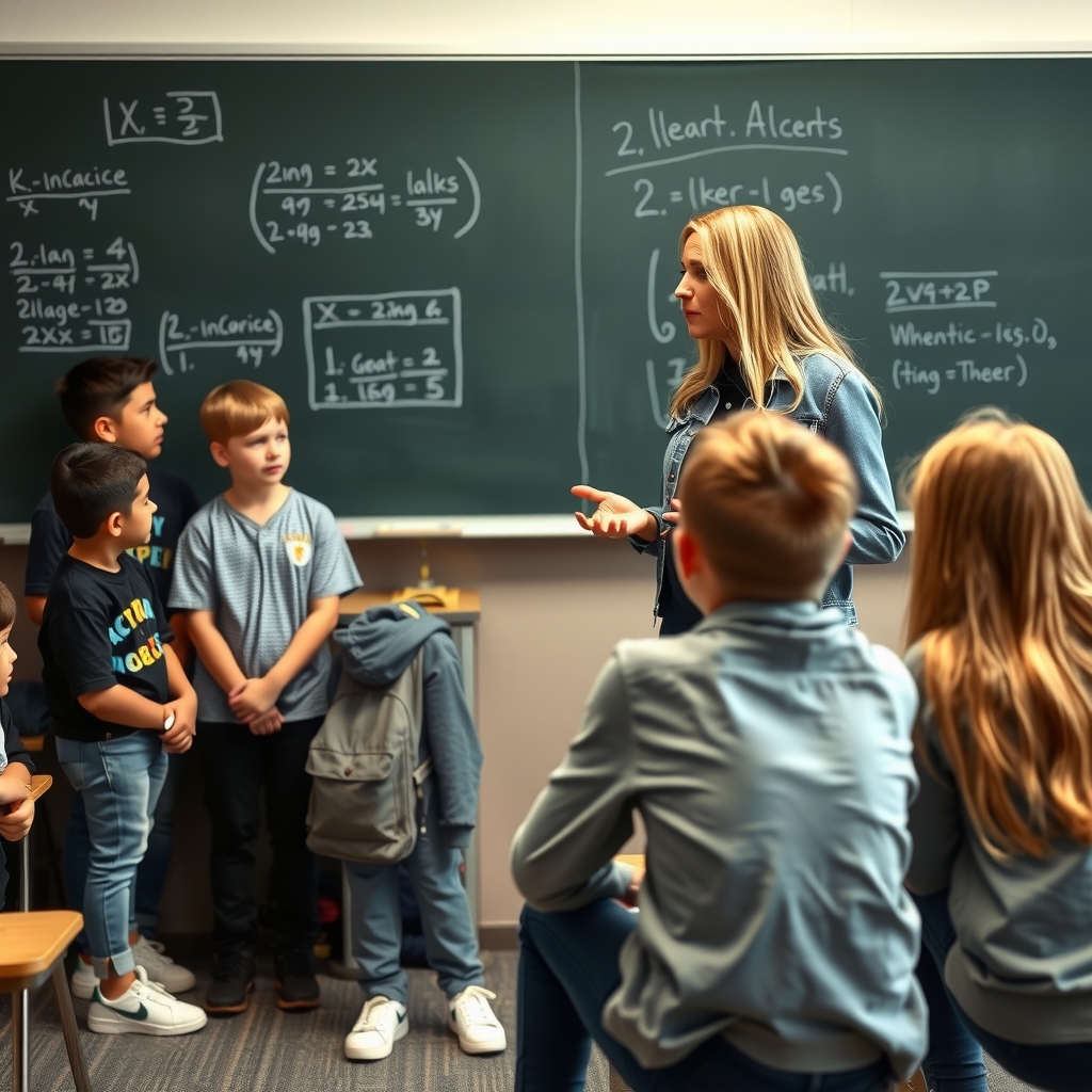 a second grade class listening to a blonde math teacher by Générateur d'images par IA gratuit - Aucune connexion nécessaire✨ | AIGAZOU