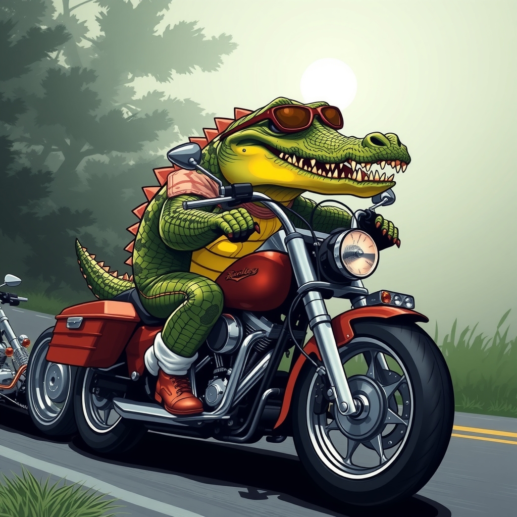 a digital art crocodile on a harley motorcycle by मुफ्त एआई छवि जनरेटर - बिना लॉगिन के✨ | AIGAZOU