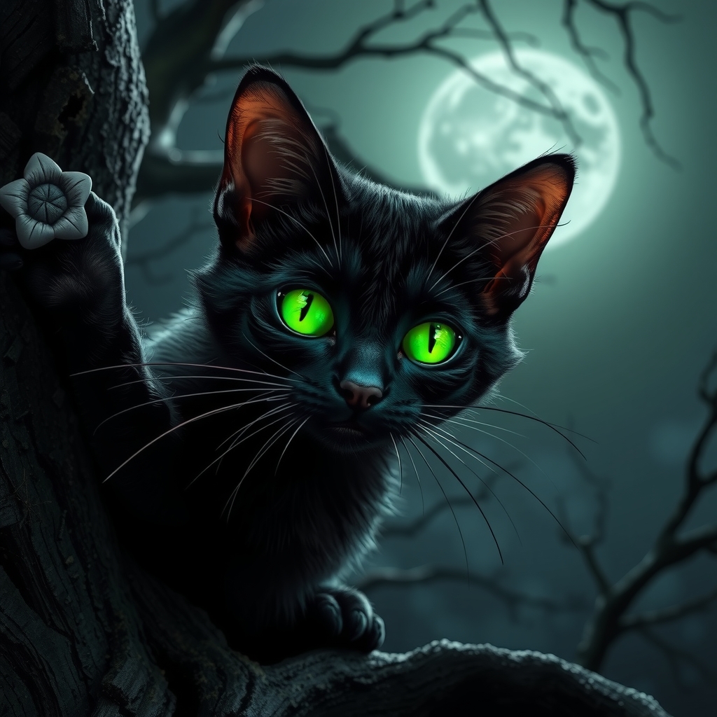 a spooky black cat with green eyes on a creepy tree at night by मुफ्त एआई छवि जनरेटर - बिना लॉगिन के✨ | AIGAZOU