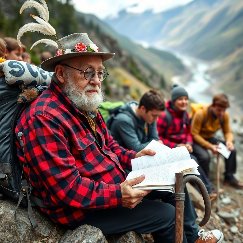 elderly hiker with checkered shirt glasses hat feathers by मुफ्त एआई छवि जनरेटर - बिना लॉगिन के✨ | AIGAZOU