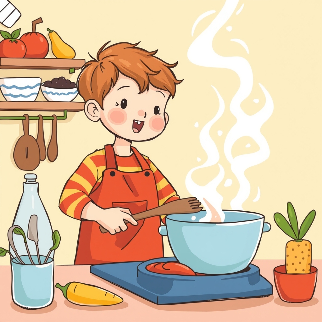 fun colorful illustration of a child cooking by मुफ्त एआई छवि जनरेटर - बिना लॉगिन के✨ | AIGAZOU