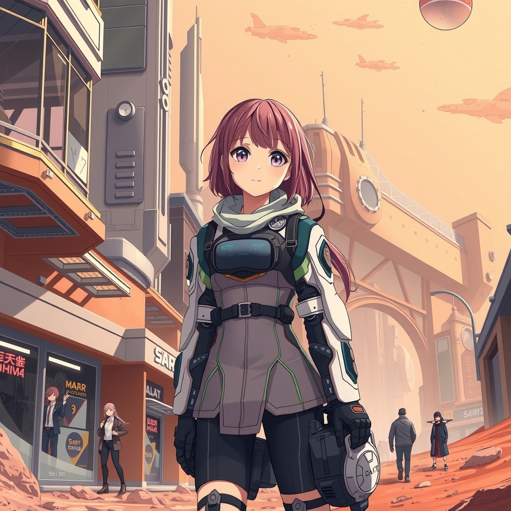 girl in tech outfit on mars with skyscrapers shopping anime by मुफ्त एआई छवि जनरेटर - बिना लॉगिन के✨ | AIGAZOU