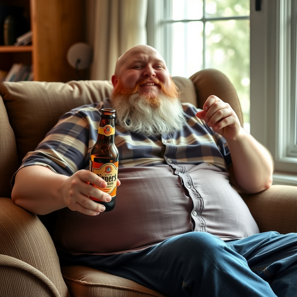 a fat white man with beard sitting on his chair holding a beer bottle by मुफ्त एआई छवि जनरेटर - बिना लॉगिन के✨ | AIGAZOU