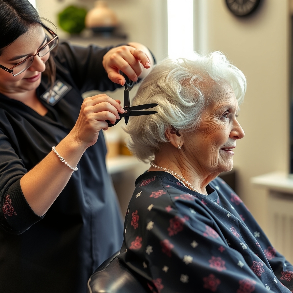 a beautician cuts grandmothers hair by मुफ्त एआई छवि जनरेटर - बिना लॉगिन के✨ | AIGAZOU