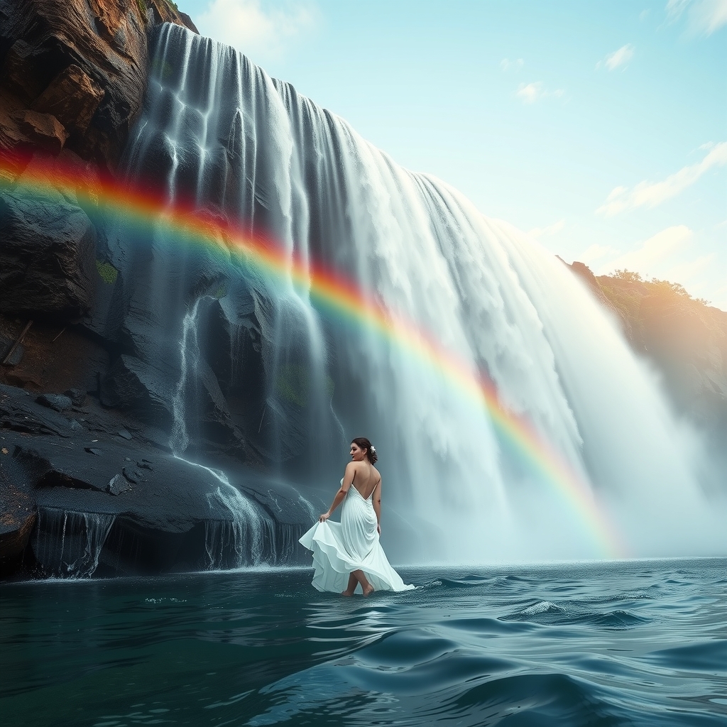 waterfall white dress rainbow clear sky swimming glamorous by मुफ्त एआई छवि जनरेटर - बिना लॉगिन के✨ | AIGAZOU