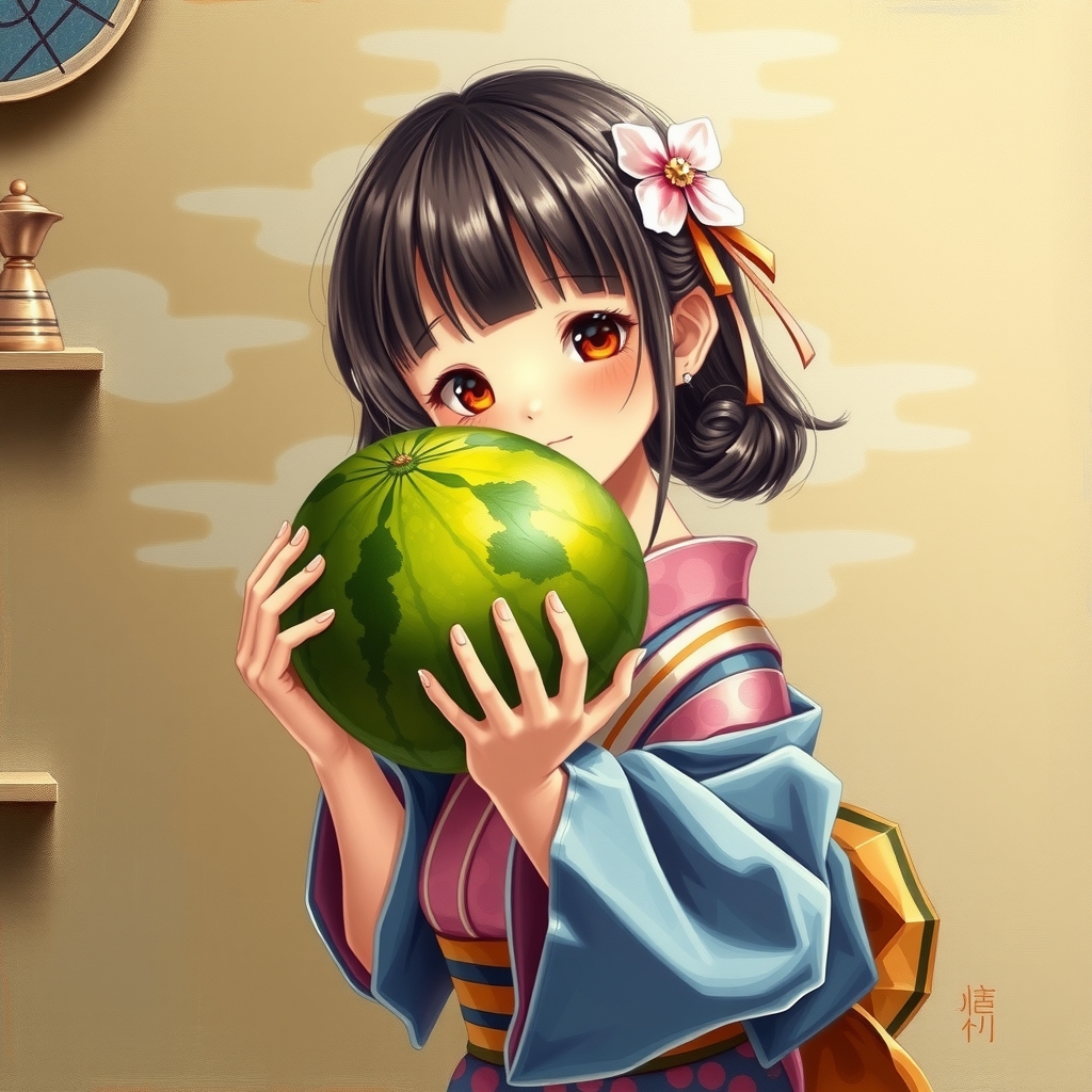 a cute girl with a melon in japanese kimono by Générateur d'images par IA gratuit - Aucune connexion nécessaire✨ | AIGAZOU