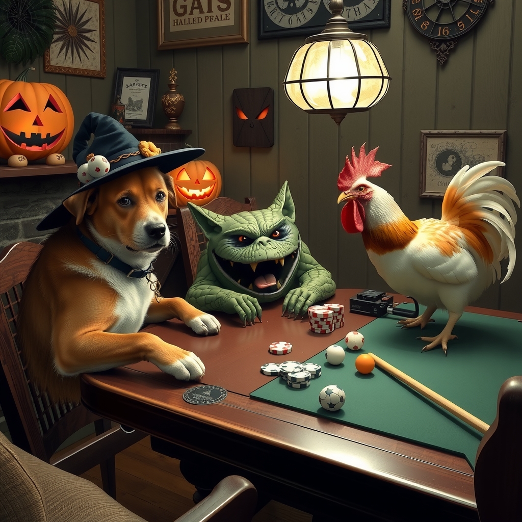 teen halloween party with dog cat poker chicken billiards by मुफ्त एआई छवि जनरेटर - बिना लॉगिन के✨ | AIGAZOU