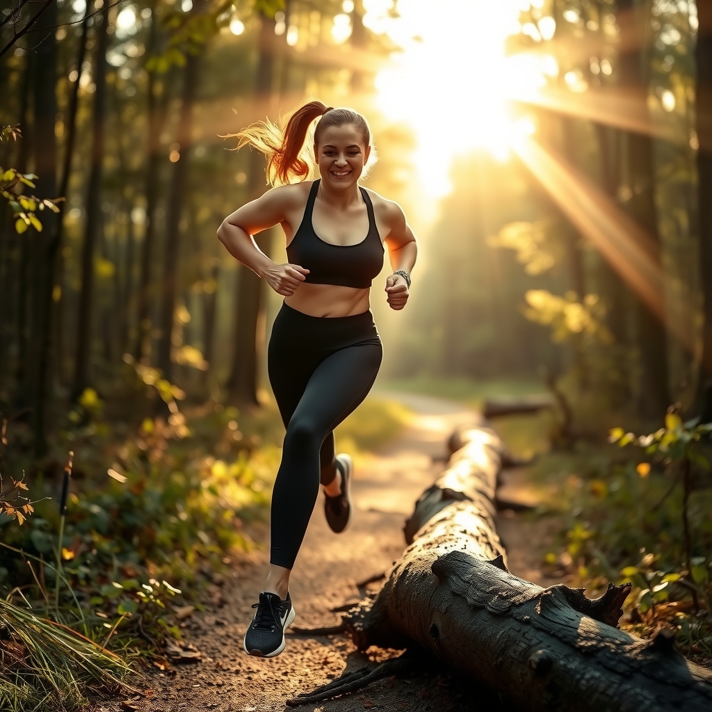 a woman jogs through the forest on a sunny morning by Générateur d'images par IA gratuit - Aucune connexion nécessaire✨ | AIGAZOU