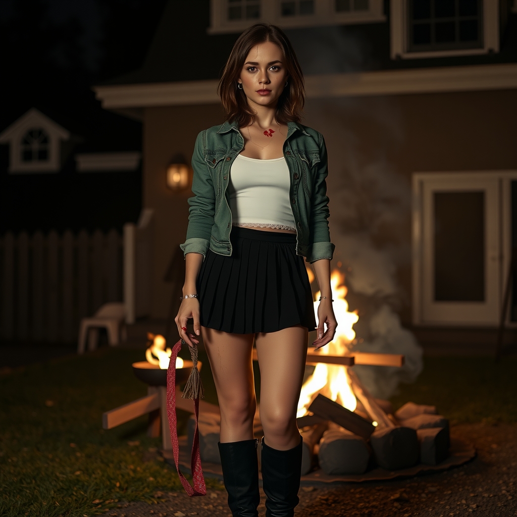 hyper realistic woman serious black pleated skirt white midriff green denim jacket black boots shoulder length dark brown hair blood by मुफ्त एआई छवि जनरेटर - बिना लॉगिन के✨ | AIGAZOU