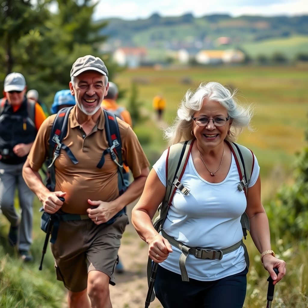 a group of middle aged hikers walking in the countryside by मुफ्त एआई छवि जनरेटर - बिना लॉगिन के✨ | AIGAZOU