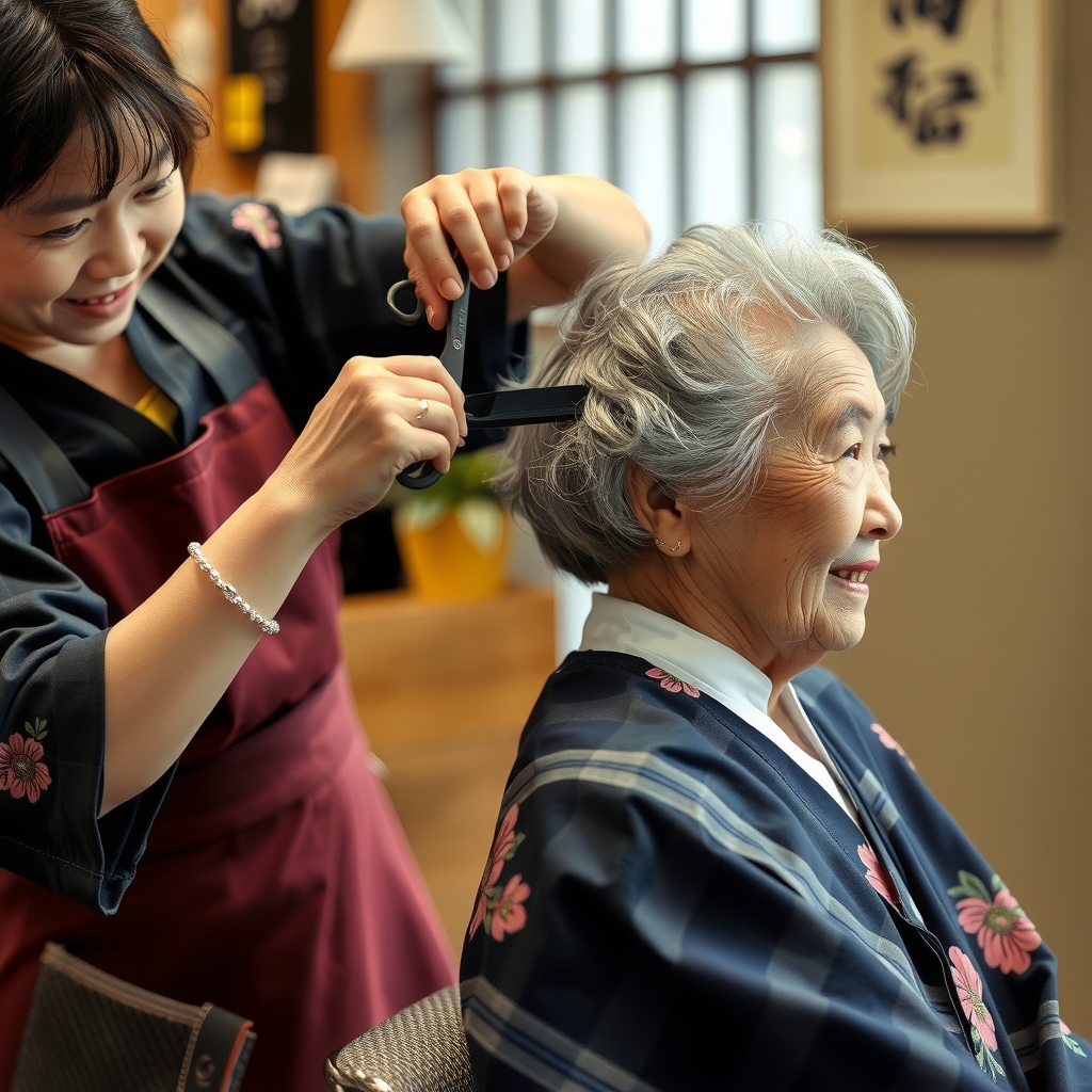 japanese beautician cuts grandmas hair by मुफ्त एआई छवि जनरेटर - बिना लॉगिन के✨ | AIGAZOU